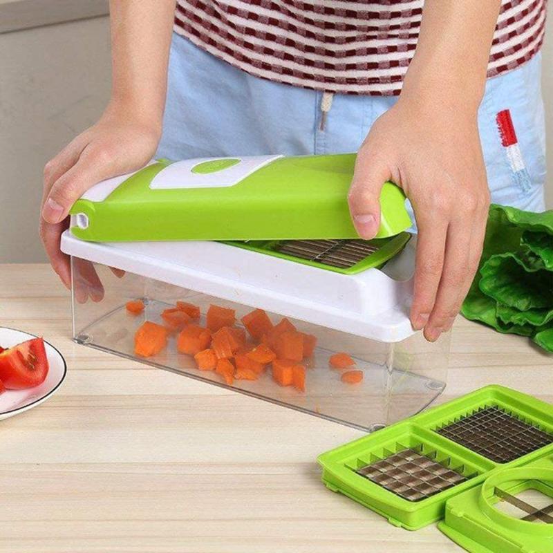 "12-in-1 Gemüse-Schneider in Weiß-Grün, vielseitig einsetzbar, robustes Design, für sicheres und effizientes Gemüse schneiden
