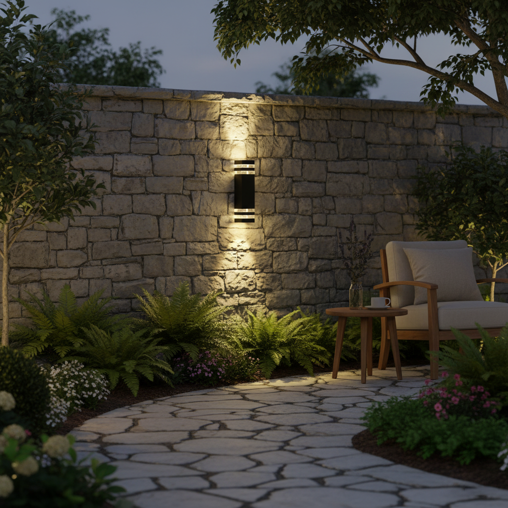 Moderne LED utendørs vegglampe som lyser opp en fasade om kvelden