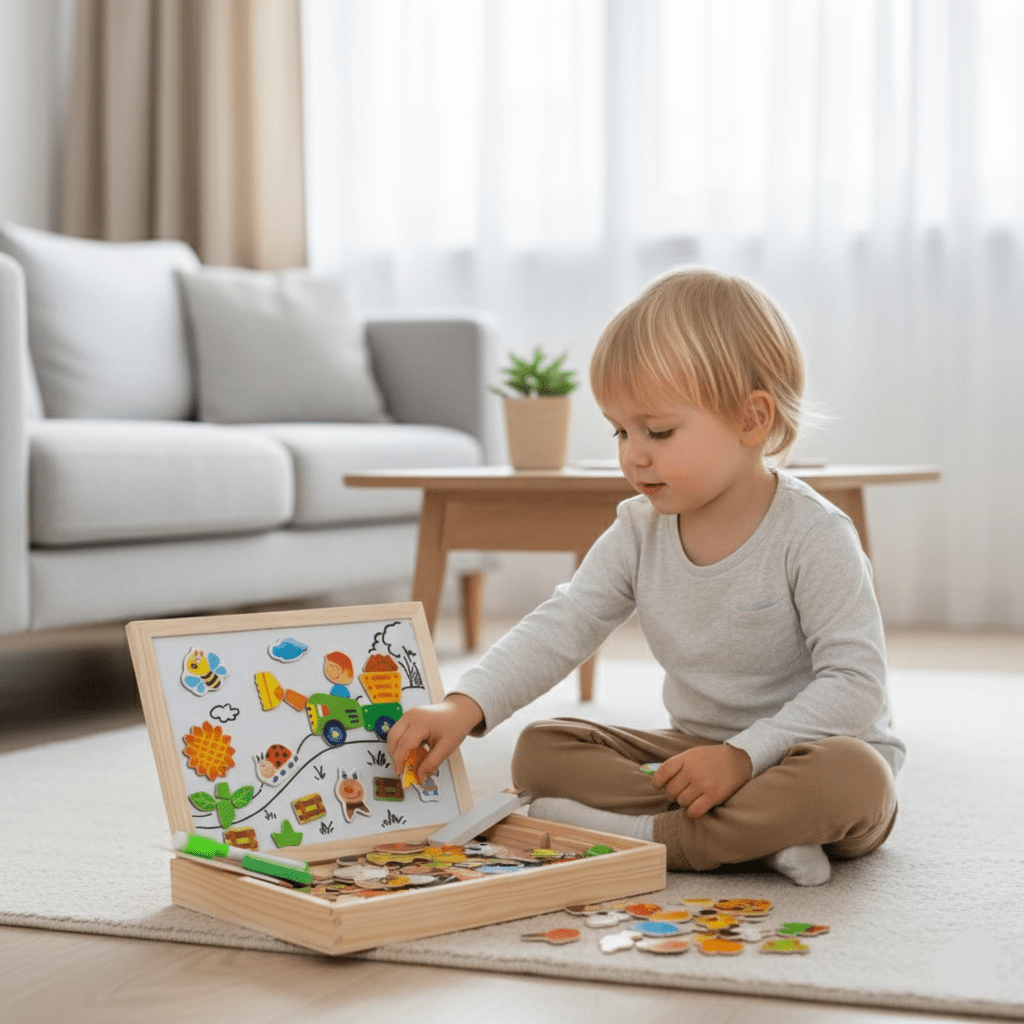 Kompakt 2-i-1 tegnebrett for barn, ideelt som reiseleker og for Montessori-lek.