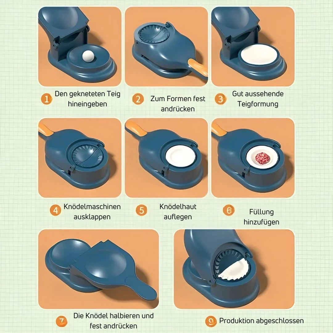 "2-in-1 Teigtaschenpresse für mühelose Dumpling- und empanada-herstellung, kompakt und benutzerfreundlich dargestellt."
