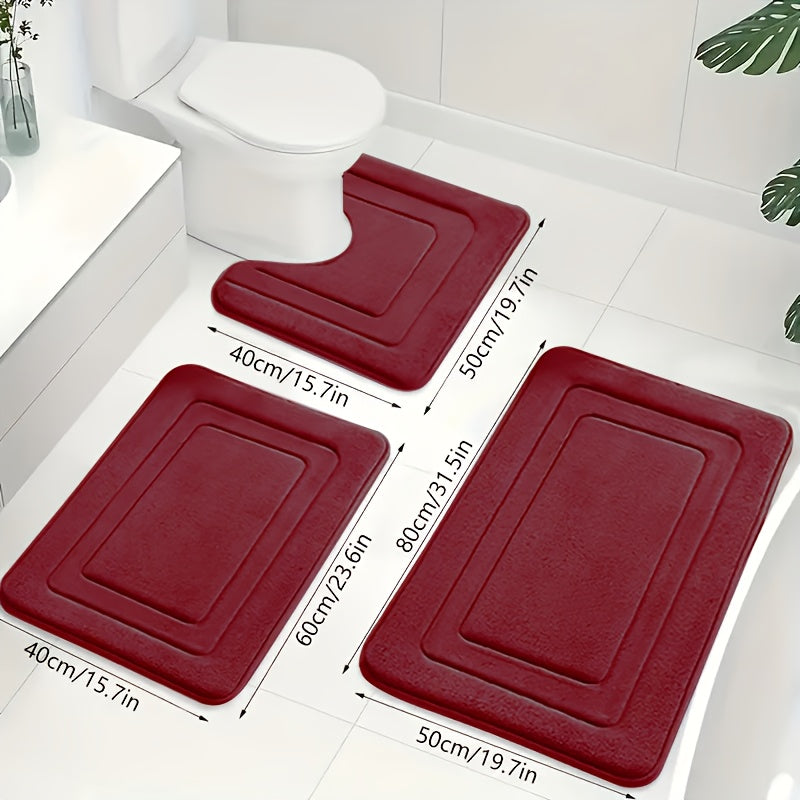 Komfortabelt beige baderomsmattesett i memory foam (3-delt). Myk og absorberende, ideell for alle bad.
