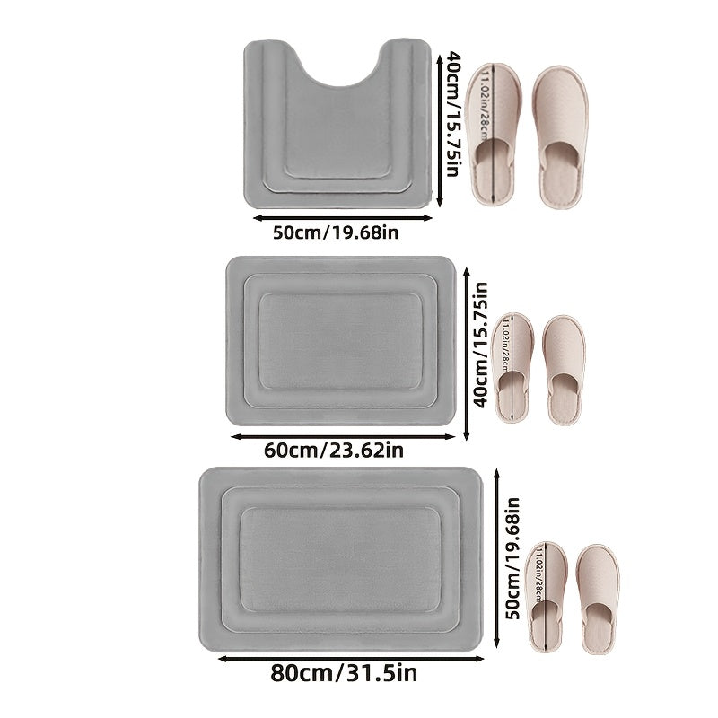 Beige memory foam baderomsmatte, 3-delt sett. Myk og absorberende for komfortabel baderomsinnredning.