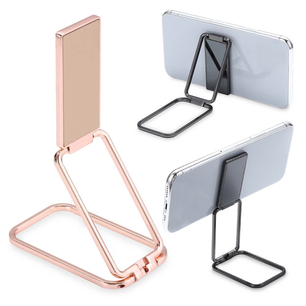Praktisk mobilholder med 360° roterende ring og sammenleggbart design for enhåndsbetjening og støtte.