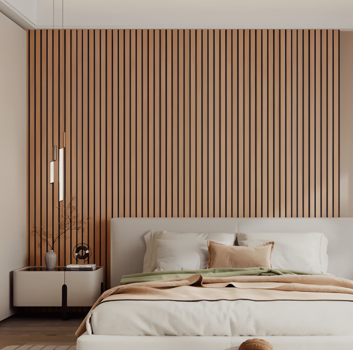 "3D Akupanel, selbstklebende Holzpaneele in Beige und Hellbraun, elegantes Wanddesign für luxuriöses Wohnambiente."