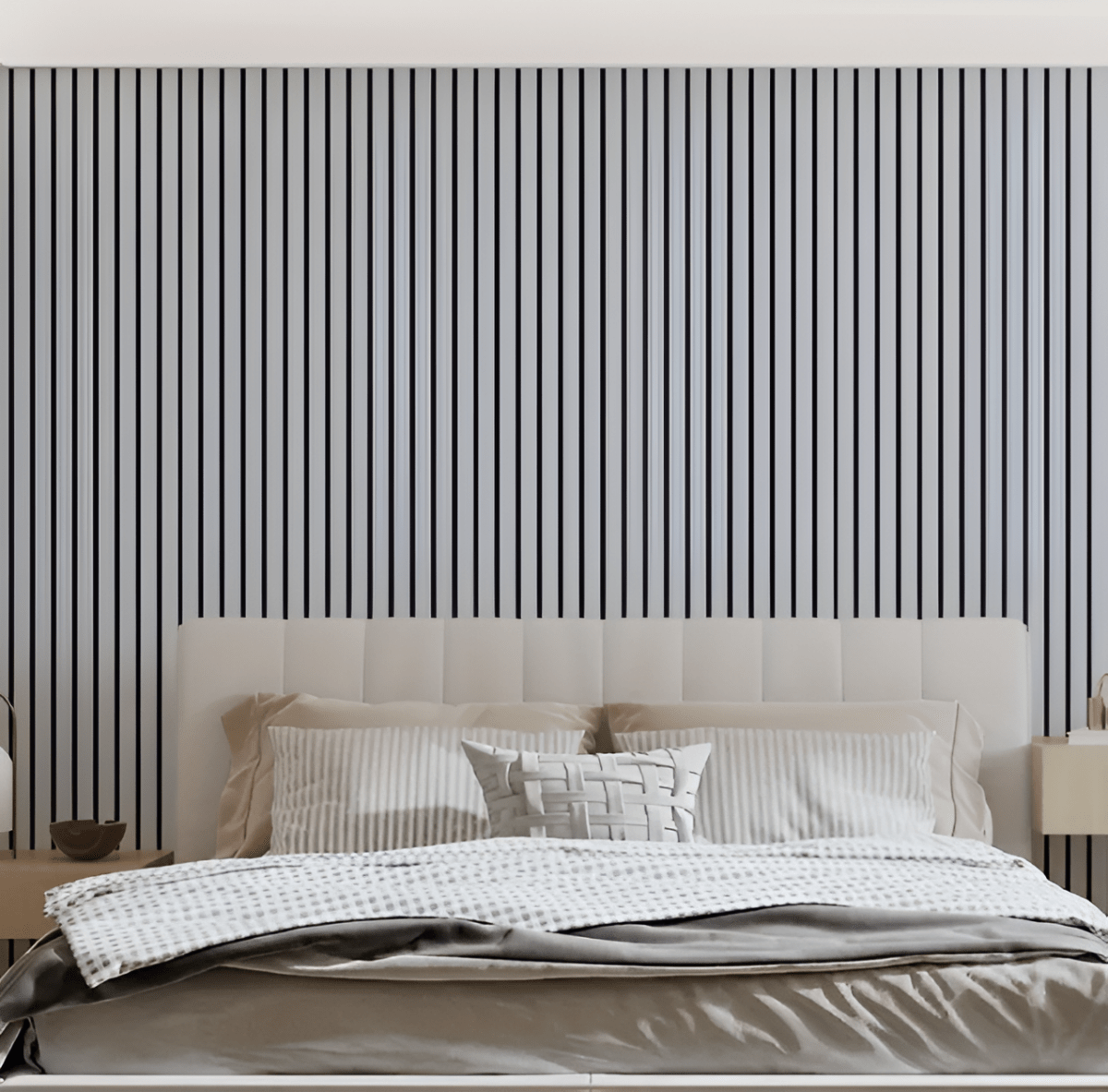 "3D Akupanel, selbstklebende Holzpaneele in Beige und Hellbraun, elegantes Wanddesign für luxuriöses Wohnambiente."