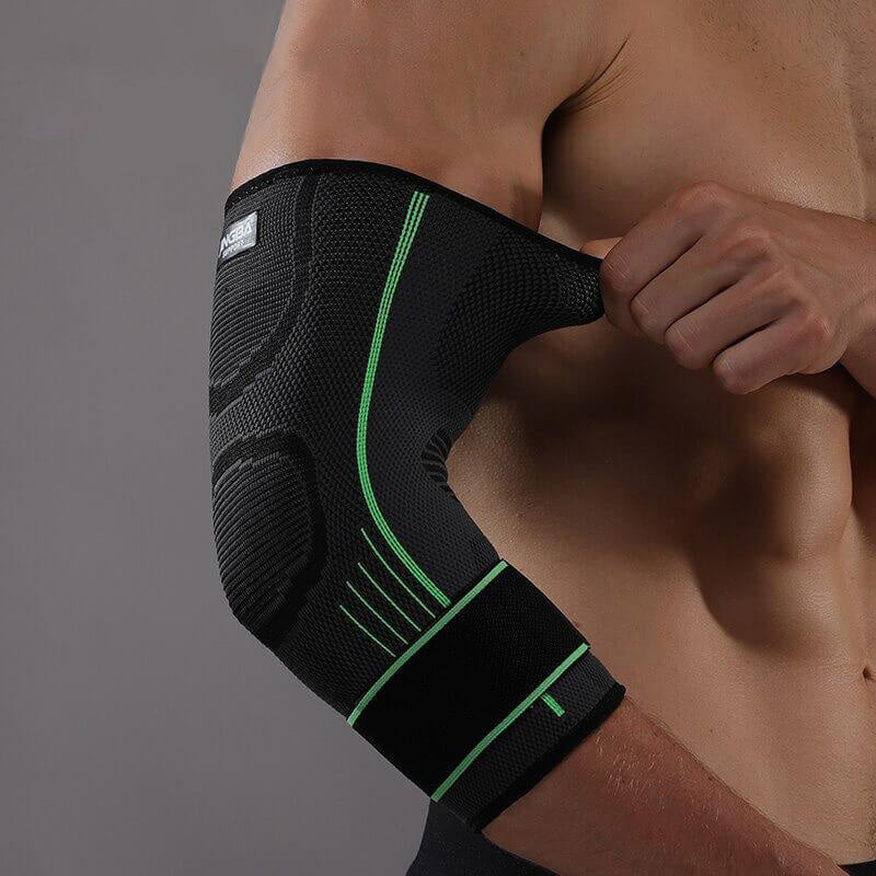 "3D Ellenbogenbandage mit atmungsaktivem Kompressionsmaterial, bietet schmerzfreie Unterstützung und Bewegungsfreiheit."