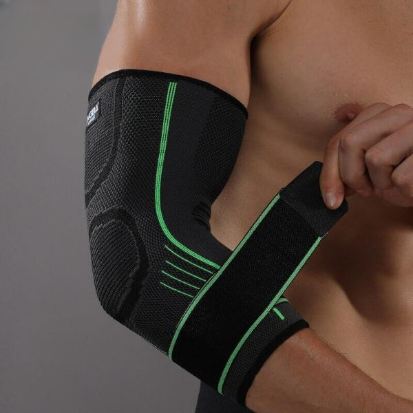 "3D Ellenbogenbandage mit atmungsaktivem Kompressionsmaterial, bietet schmerzfreie Unterstützung und Bewegungsfreiheit."