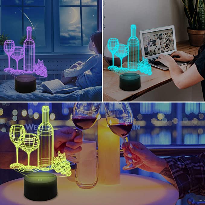 Unik 3D-lampe med vin- og glassdesign. Flott gave til vinelskeren, forbedrer hjemmeinnredning med illusjonslys.