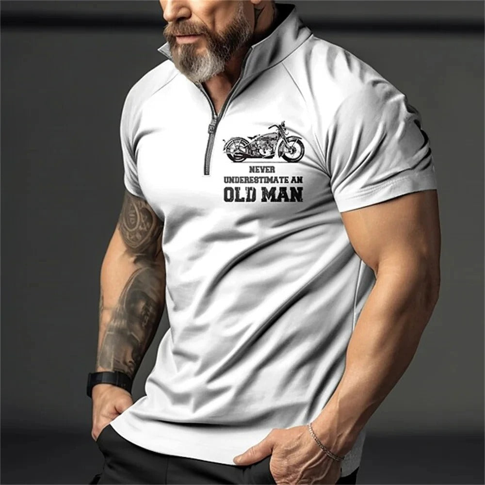 Herrepolo med 3D-print motorsykkelmotiv, dristig og komfortabel for en unik streetwear-stil.