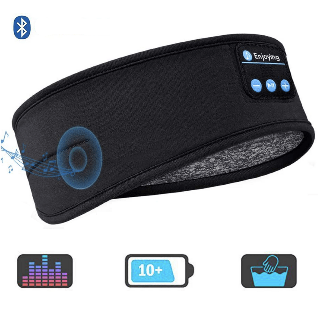 Bilde av en sovemaske med integrerte Bluetooth-hodetelefoner, vist fra siden.