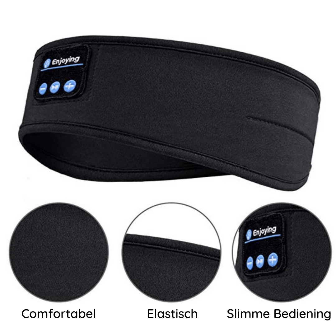 Forsiden av sovemasken med Bluetooth-hodetelefoner, som viser det komfortable designet.