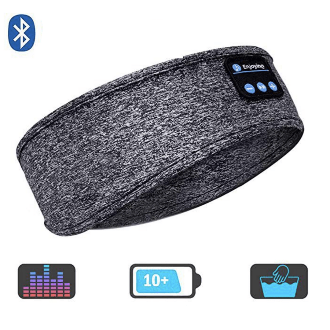 "3-in-1 Schlafmaske in Grau/Schwarz mit Bluetooth-Kopfhörern, leichtes Material für optimalen Komfort und besseren Schlaf."