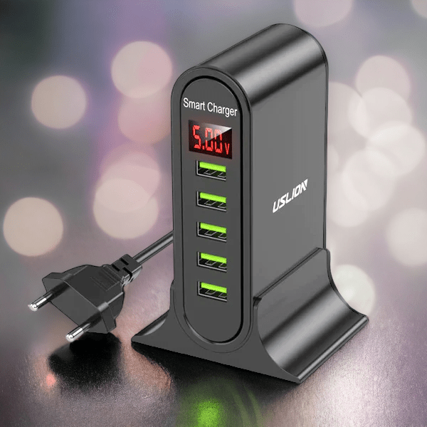 5-port USB-ladestasjon. Rask universal hurtiglader for effektiv smartlading av flere enheter hjemme og kontor.