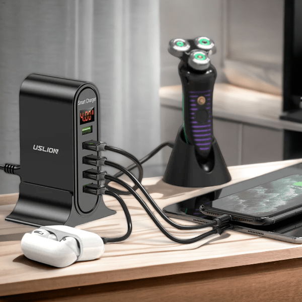 Smart 5-port USB-ladestasjon. Reduser kabelrot og lad flere enheter raskt og organisert på hjemmekontoret.