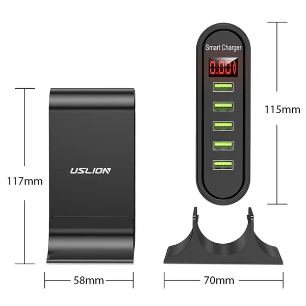 5-port universal USB-ladestasjon. Optimaliser ladingen av flere enheter med denne effektive smartladeren.