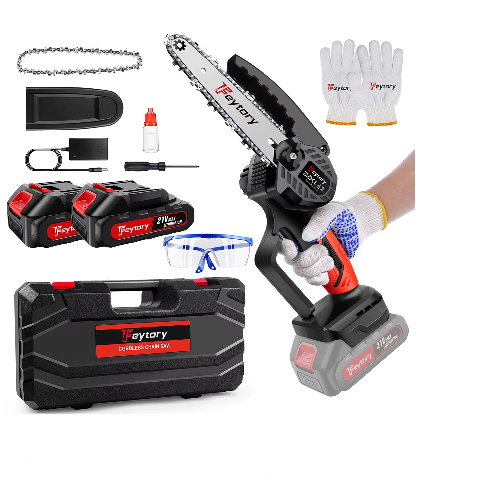 6-tommers trådløs mini motorsag, kompakt og batteridrevet. Perfekt for beskjæring, hagearbeid og DIY hjemmefiks.
