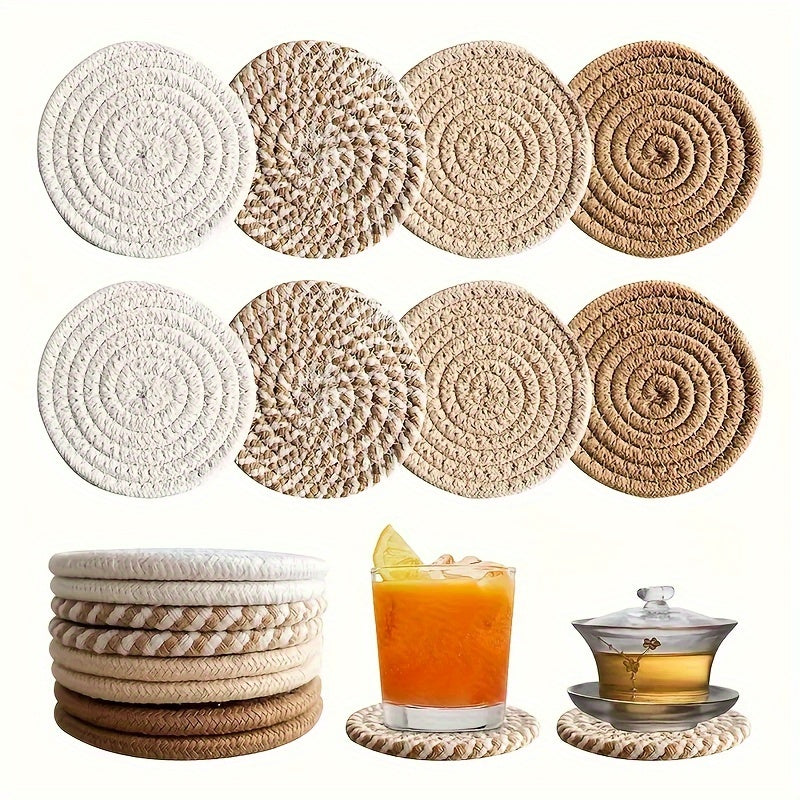 Vevd borddekking sett med 8 underlag. Boho-inspirert design for unik hjemmedekorasjon og innredning.