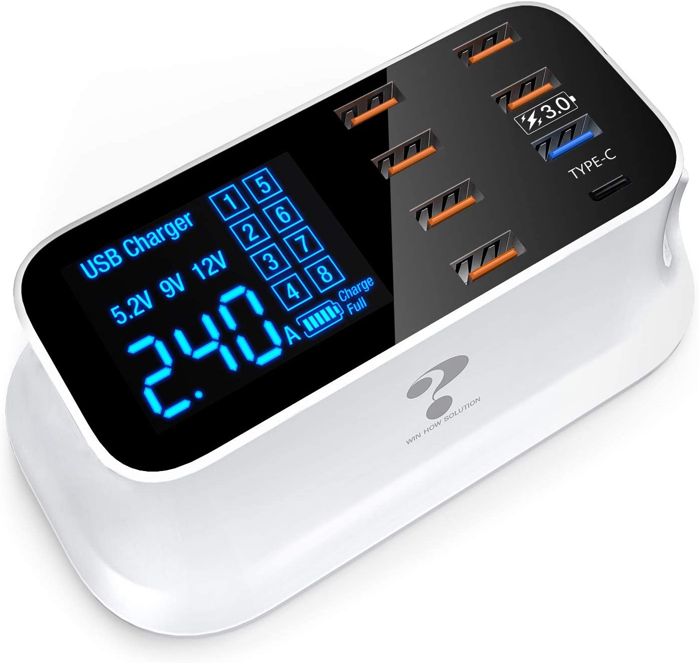 8-porters USB-lader med LCD-skjerm for rask lading av flere enheter samtidig – ideell for reise