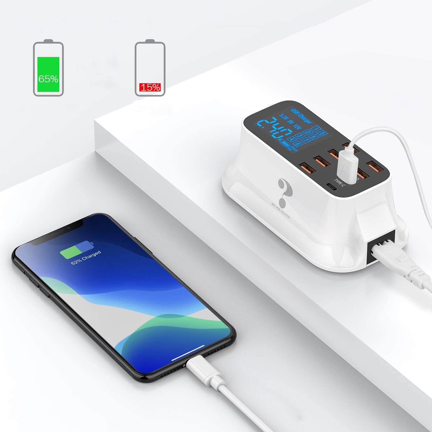 Kompakt 8-porters USB-lader, universell bruk, med digital skjerm, perfekt som reisefølge