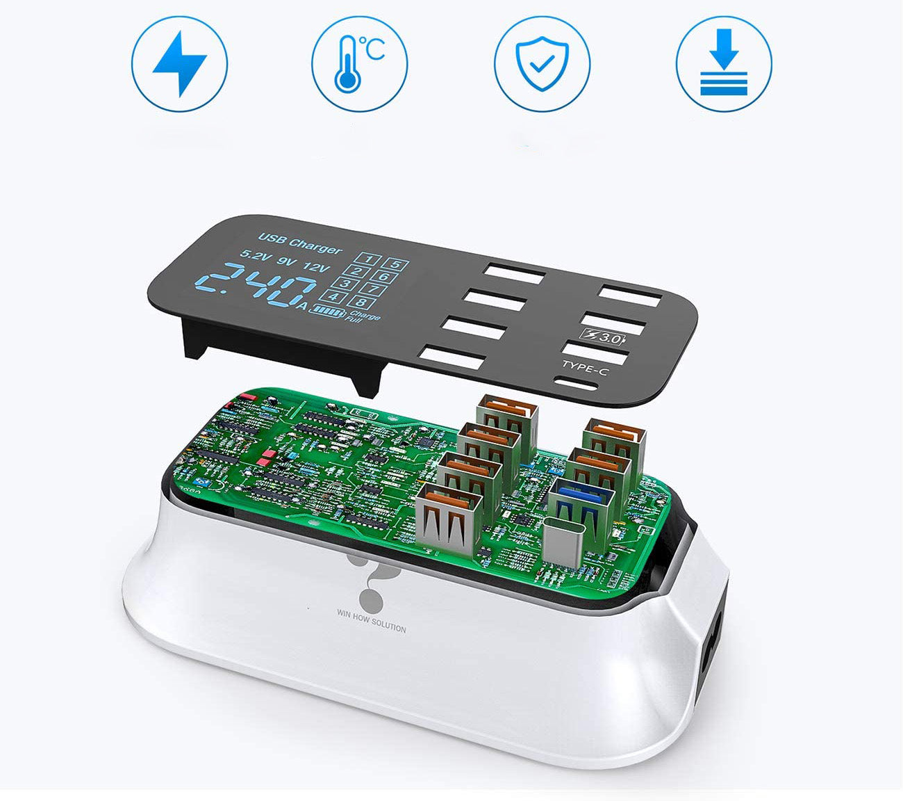 Høyytelses USB-lader med 8 porter og sanntids LCD-skjerm for smarttelefoner og nettbrett