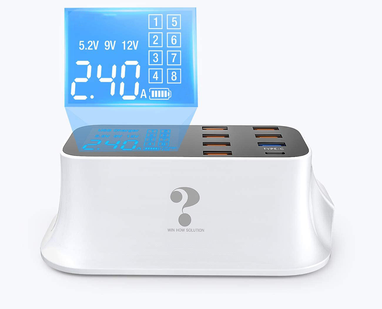 Ladestasjon med 8 USB-porter og hurtigladingsfunksjon, LCD-display viser ladeinformasjon