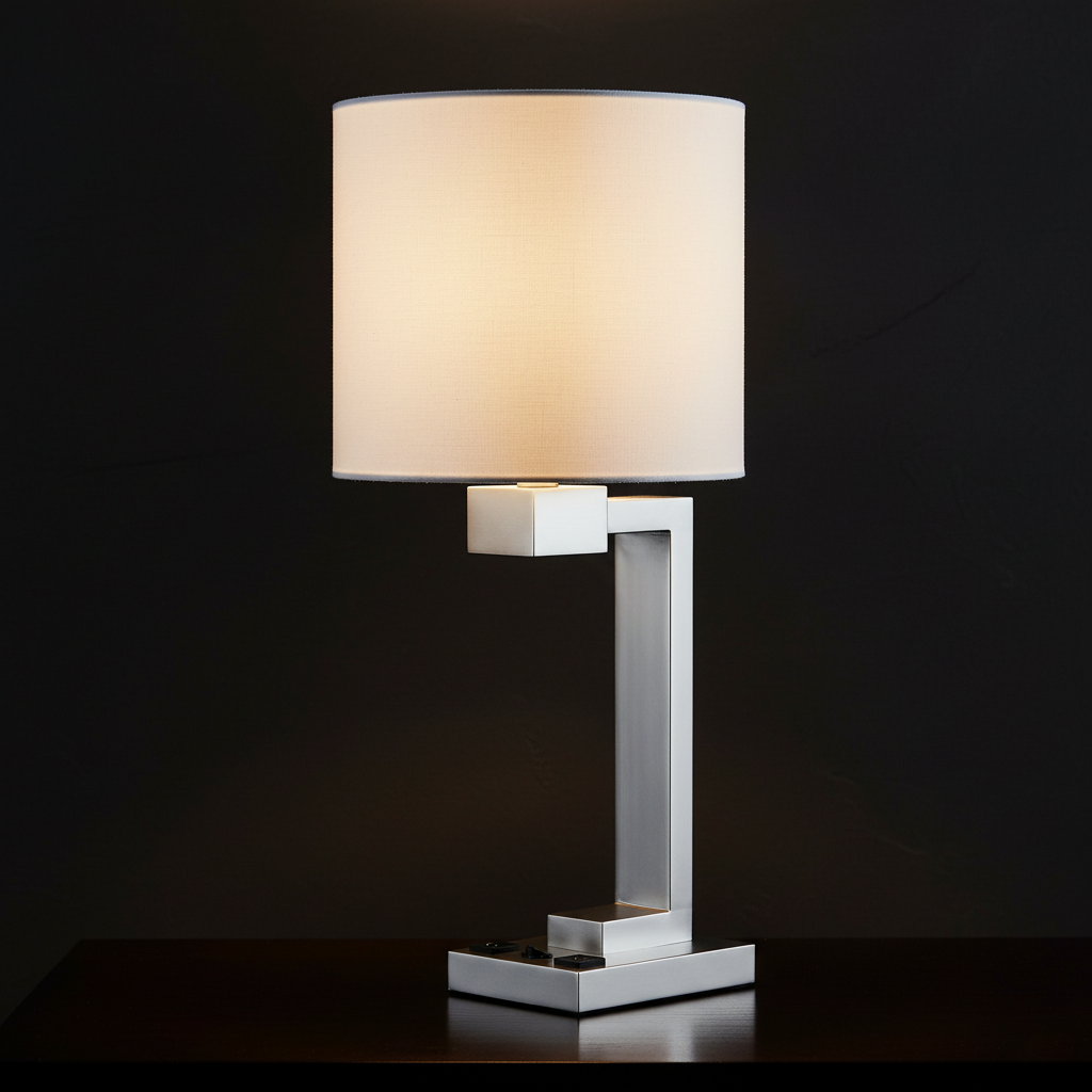 Moderne bordlampe med hvit stoffskjerm og svart metallfot i L-form pĂĄ et nattbord