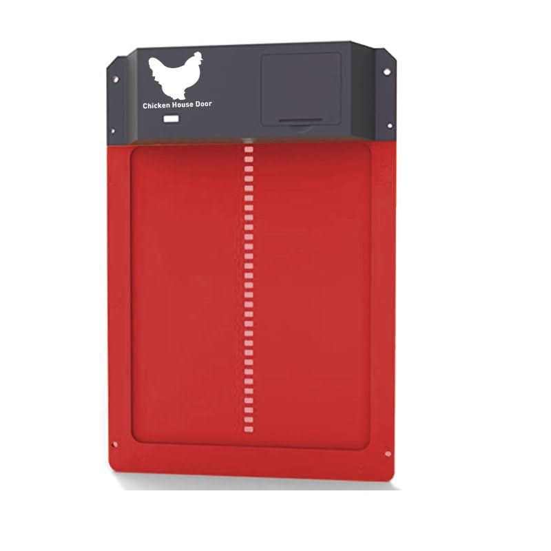 "Automatische Hühnerstalltür mit Lichtsensor, wetterfest in Braun, Rot, Grün, für einfache Installation und Energieeffizienz.