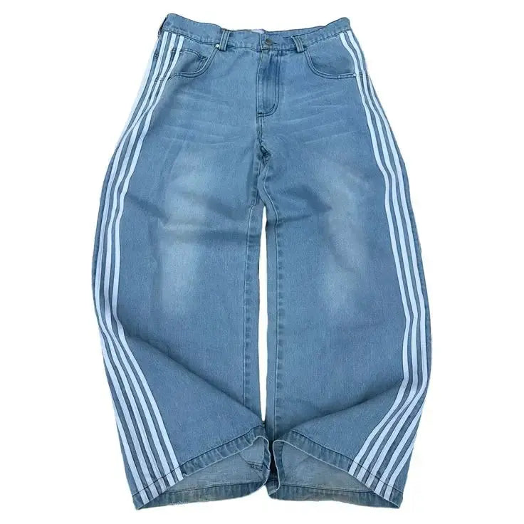 "Baggy Jeans mit hohem Bund, Y2K Stil, Seitenstreifen, Retro Streetwear, Damenhose, sportlich lässig, ikonischer Look"