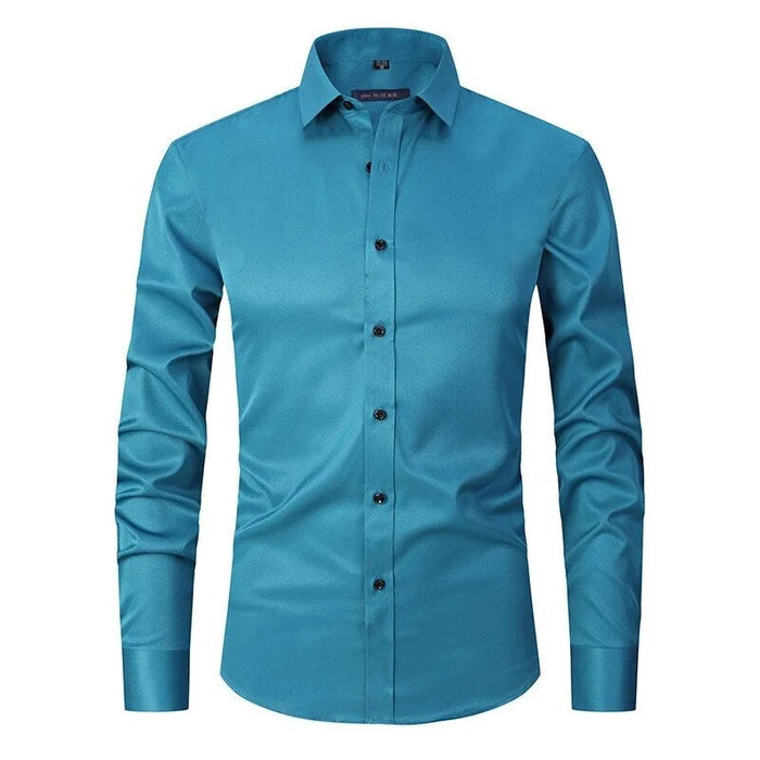 "Bügelfreies Stretch-Hemd Slim Fit in Blau, atmungsaktiv und knitterfrei für eleganten Komfort des modernen Mannes"