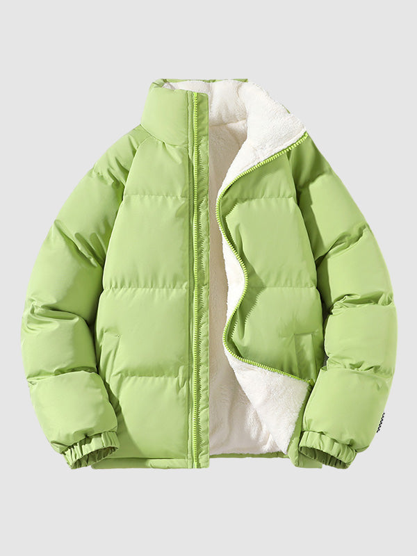 Braune Damen Pufferjacke mit gestepptem Design und Fleecefutter, winterwarm, Vorderansicht auf hellem Hintergrund.