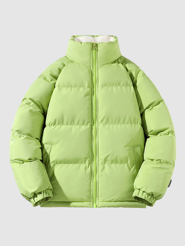 Braune Damen Pufferjacke mit gestepptem Design und Fleecefutter, winterwarm, Vorderansicht auf hellem Hintergrund.