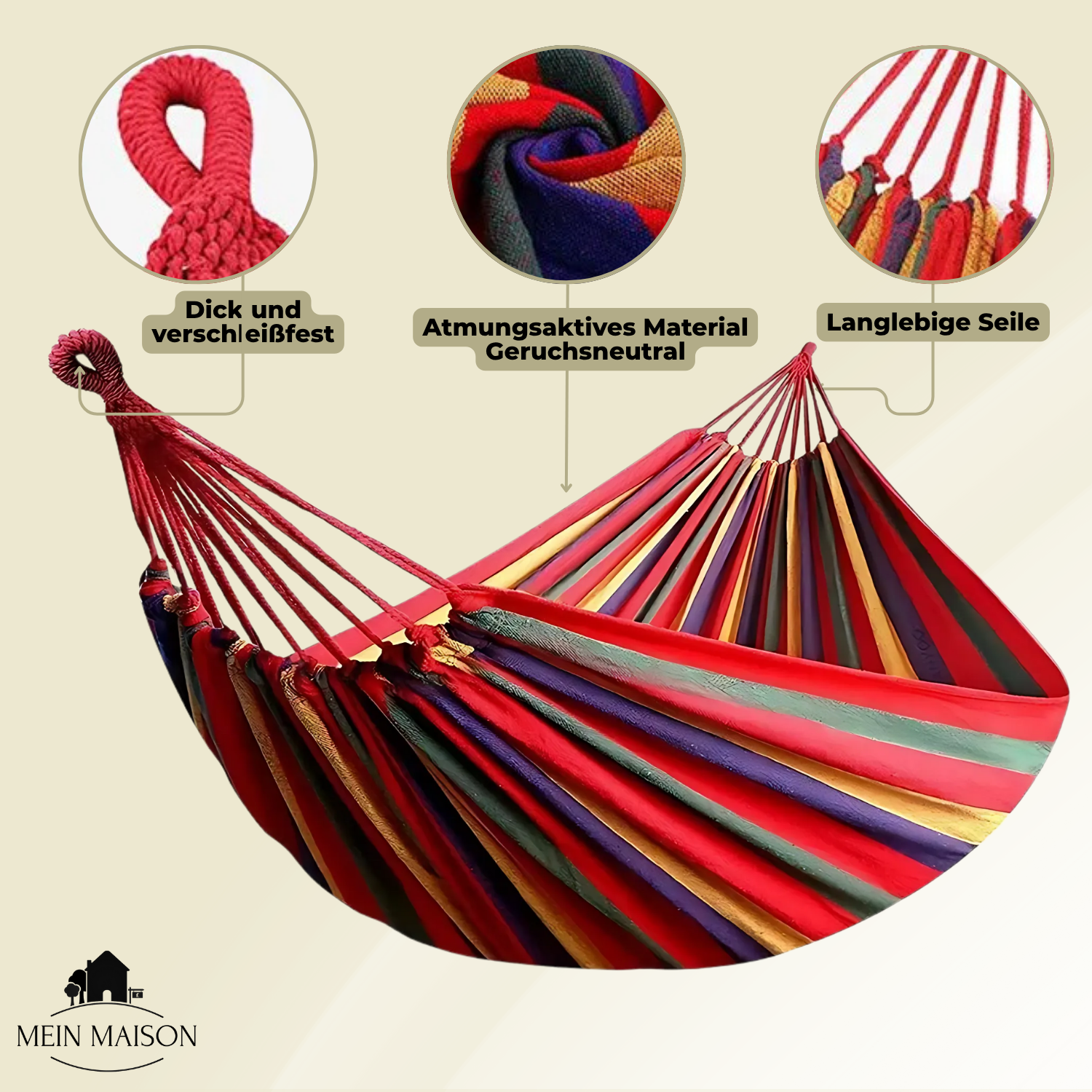 "Canvas Hängematte für Outdoor, robust, anti-rutsch, in Garten oder Camping, bietet Komfort und Stabilität bis 200 kg."