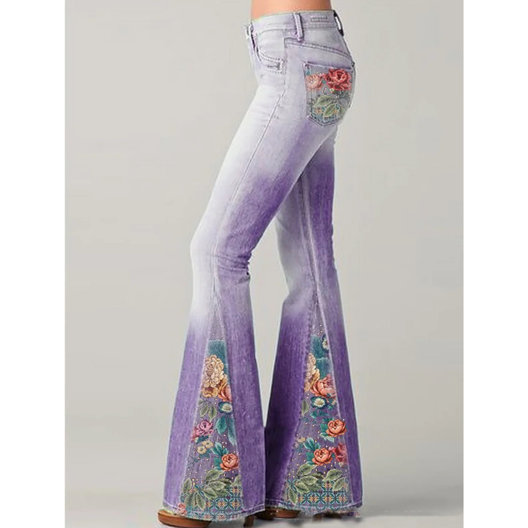 "Damen Jeans mit floralen Stickereien, vintage ausgestellter Stil, boho-inspiriertes Design, schmeichelnde Passform"