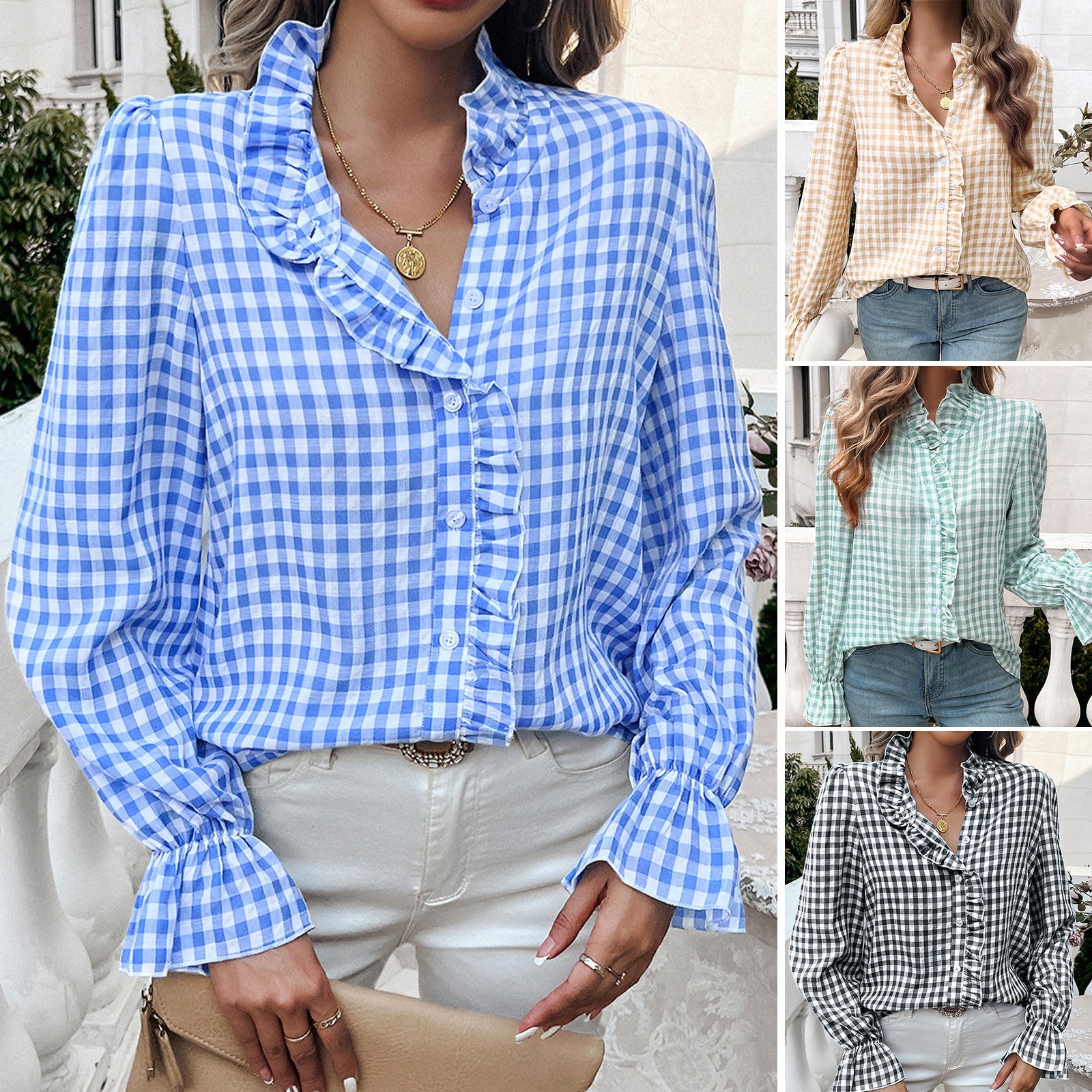 Rutete damebluse med rysjedetaljer
