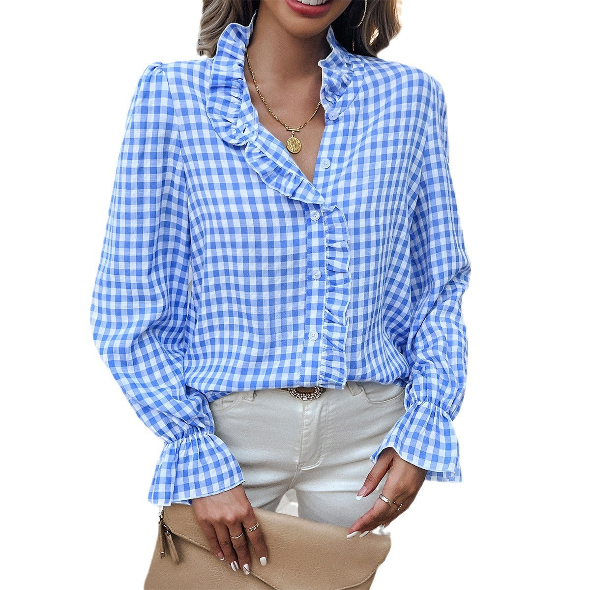 "Damen Karierte Bluse mit Rüschen, Knopfleiste, langärmlig, Baumwoll-Mischung, elegantes Design für feminine Looks."