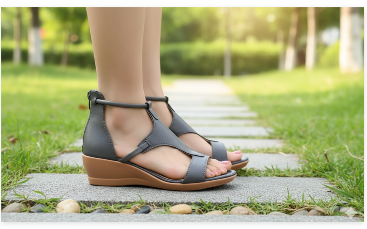 "Damen Keilsandalen aus Leder, orthopädisch, elegant, mit verstellbaren Riemen und komfortabler Innensohle."