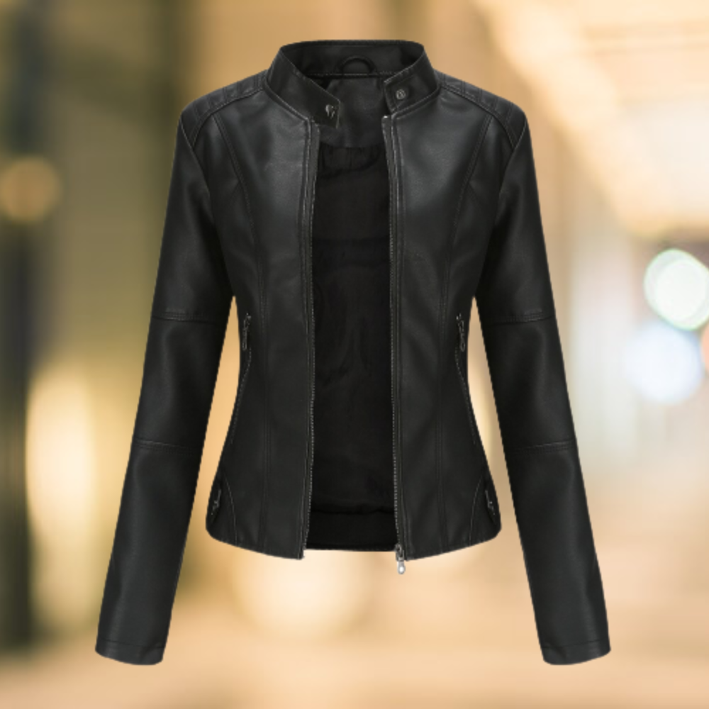 "Damen Lederjacke aus PU-Leder, modernem Stehkragen, vielseitig für Frühjahr & Herbst, in eleganter Aprikose und mehr Farben.