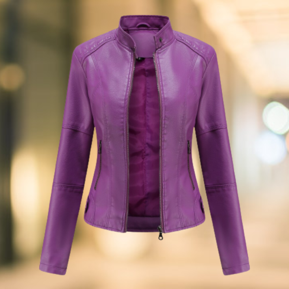 "Damen Lederjacke aus PU-Leder, modernem Stehkragen, vielseitig für Frühjahr & Herbst, in eleganter Aprikose und mehr Farben.