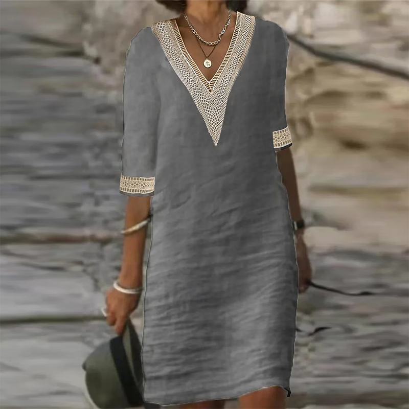 "Damen Leinen-Sommerkleid, elegant und komfortabel, ideal für stilvolle Auftritte, in Weiß, knielang, ärmellos"