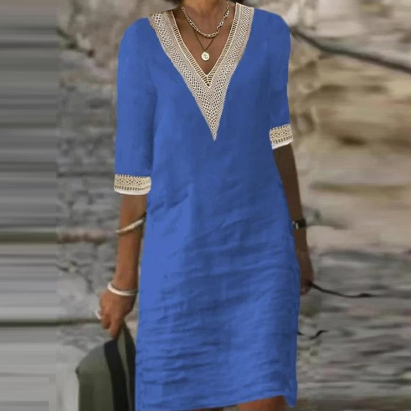 "Damen Leinen-Sommerkleid, elegant und komfortabel, ideal für stilvolle Auftritte, in Weiß, knielang, ärmellos"
