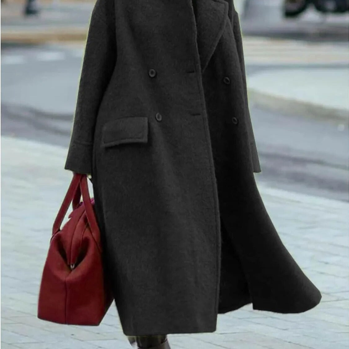 Damen Oversized Wollmantel, Doppelknopfleiste, Stehkragen, graue Wollmischung, eleganter Winterlook für kalte Tage.
