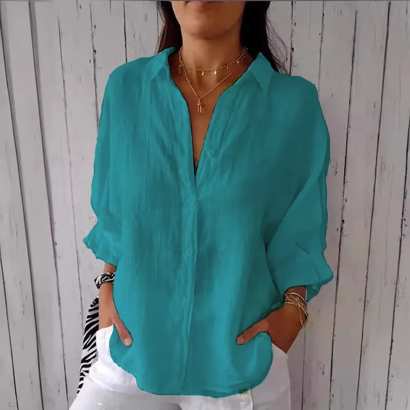 "Damen Sommerhemd Button Down, Langarm, leichter Stoff, lockere Passform, stilvoll für Strand und Stadtbummel"