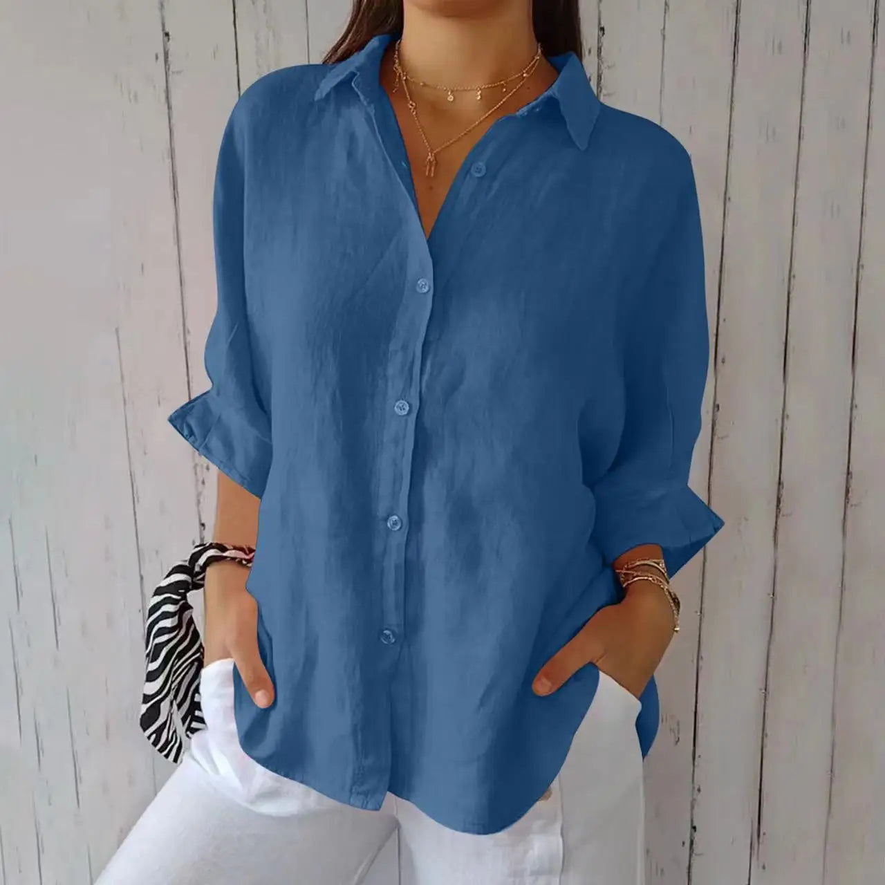 "Damen Sommerhemd Button Down, Langarm, leichter Stoff, lockere Passform, stilvoll für Strand und Stadtbummel"