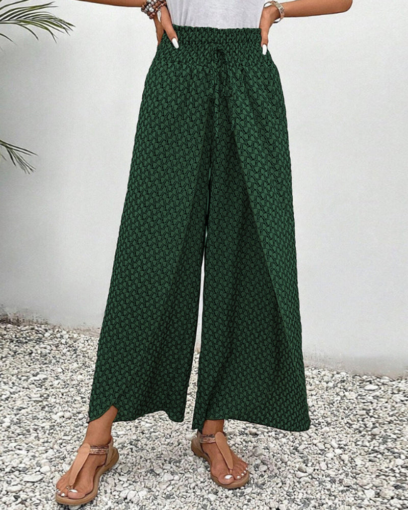"Damen Sommerhose mit hoher Taille, geometrischer Druck, schmeichelhafte Silhouette, stilvoll und komfortabel, Seitenansicht"