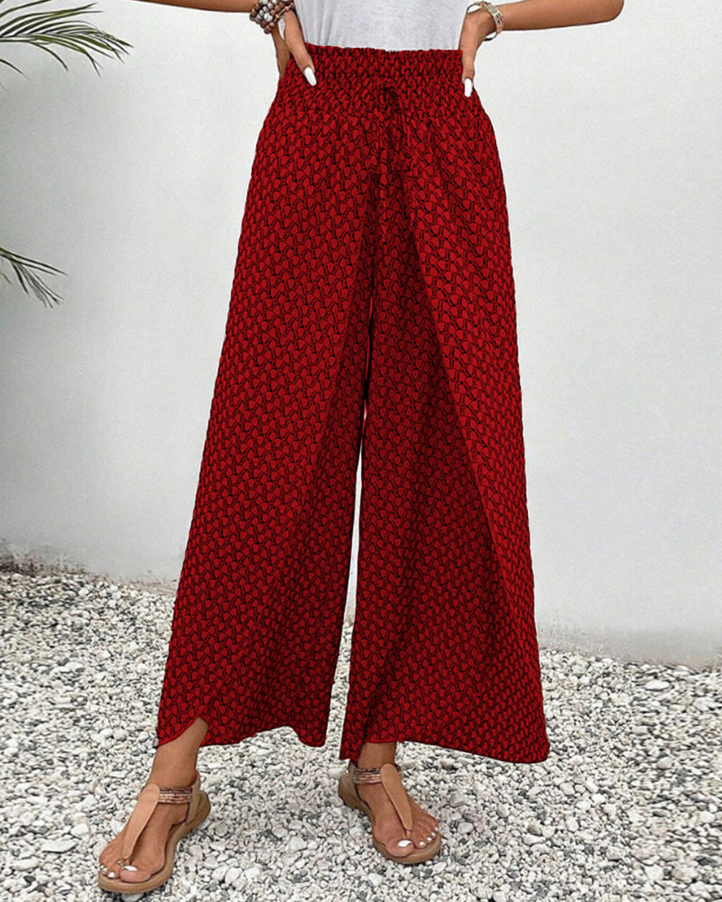 "Damen Sommerhose mit hoher Taille, geometrischer Druck, schmeichelhafte Silhouette, stilvoll und komfortabel, Seitenansicht"