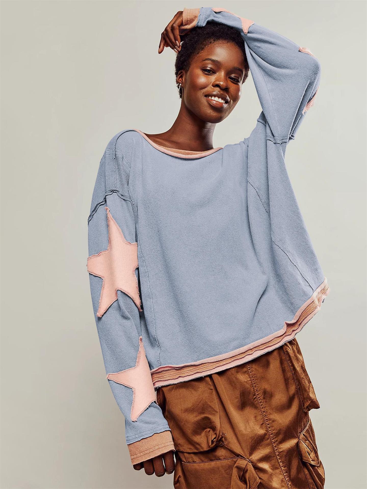 "Damen Sweatshirt mit Streifen, funkelnden Sternapplikationen, weichem Stoff; moderner, lässiger Stil, komfortbetont"