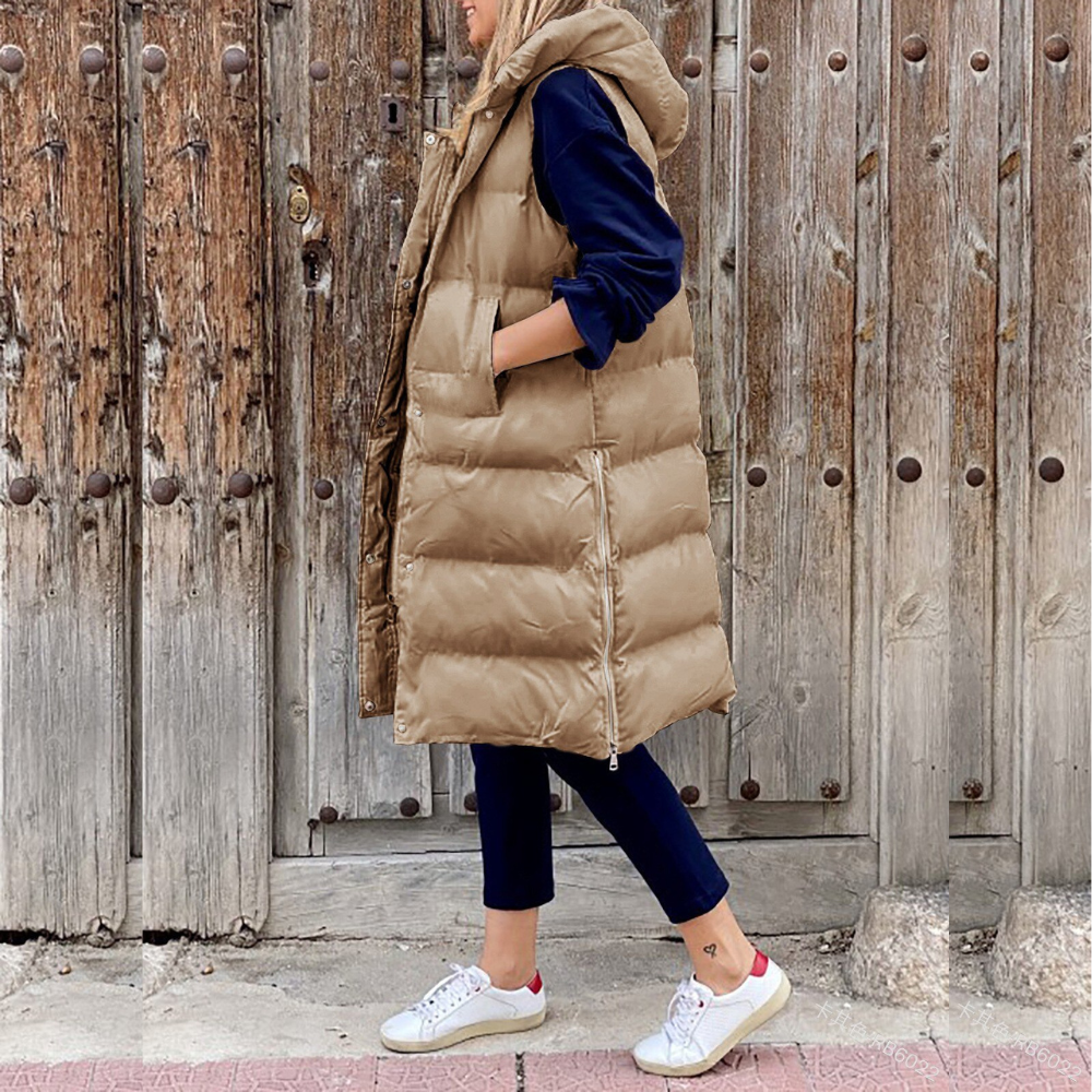 "Damen Winterweste ärmellos mit Kapuze, einfarbig, modisch und warm, ideal für Winteroutfits und lässige Ausflüge."