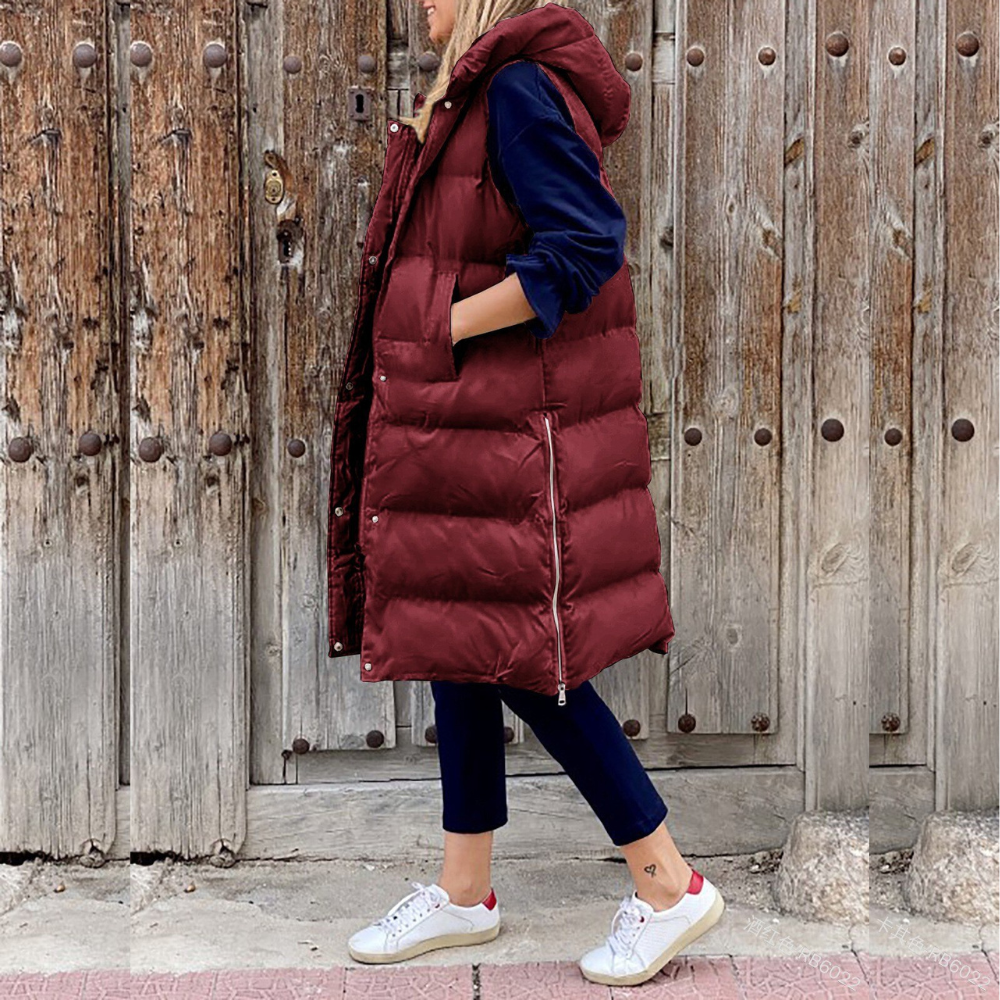 "Damen Winterweste ärmellos mit Kapuze, einfarbig, modisch und warm, ideal für Winteroutfits und lässige Ausflüge."