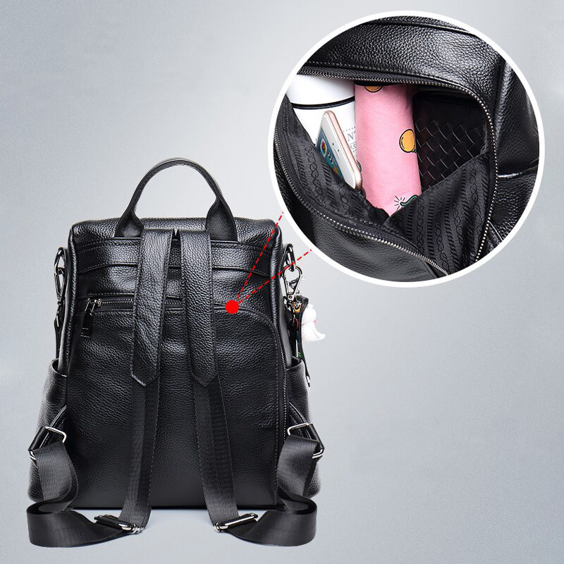 "Diebstahlsicherer Lederrucksack für Damen, braun, flexibel tragbar mit verstecktem Rückenzugang und schnittfestem Design."