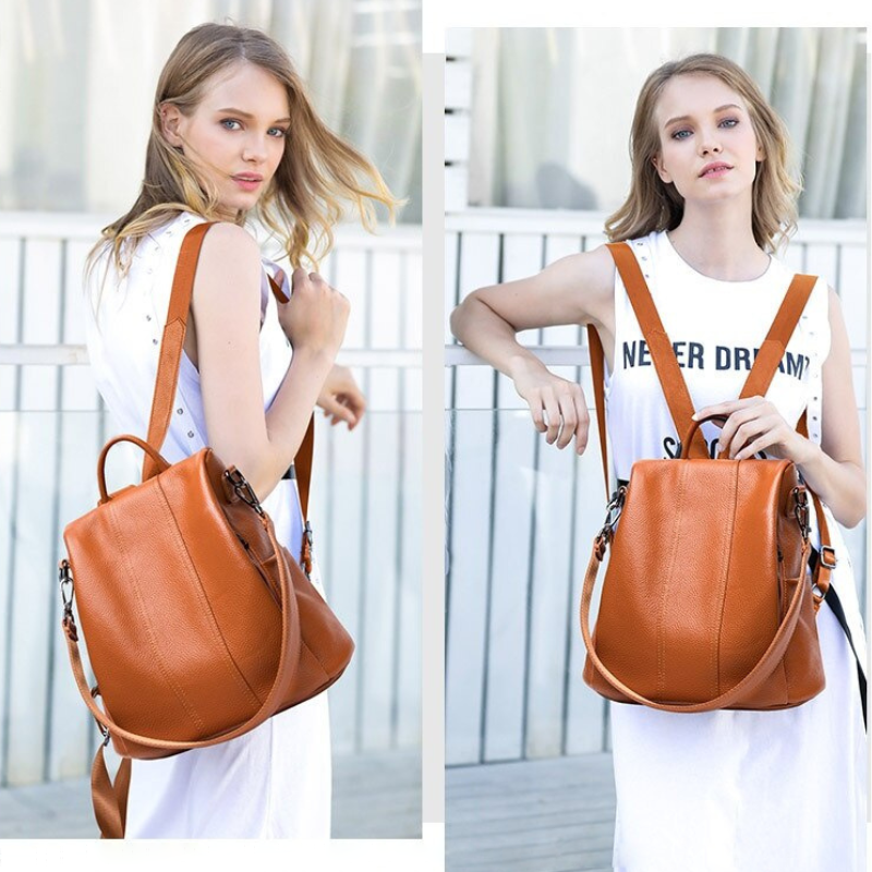 "Diebstahlsicherer Lederrucksack für Damen, braun, flexibel tragbar mit verstecktem Rückenzugang und schnittfestem Design."